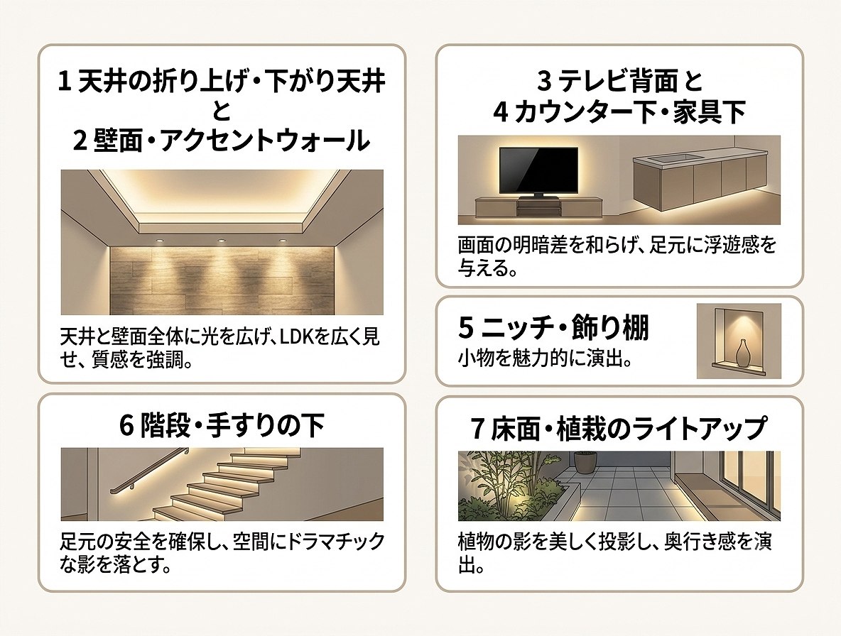 LDKのテレビ背面・折り上げ天井の間接照明イメージ