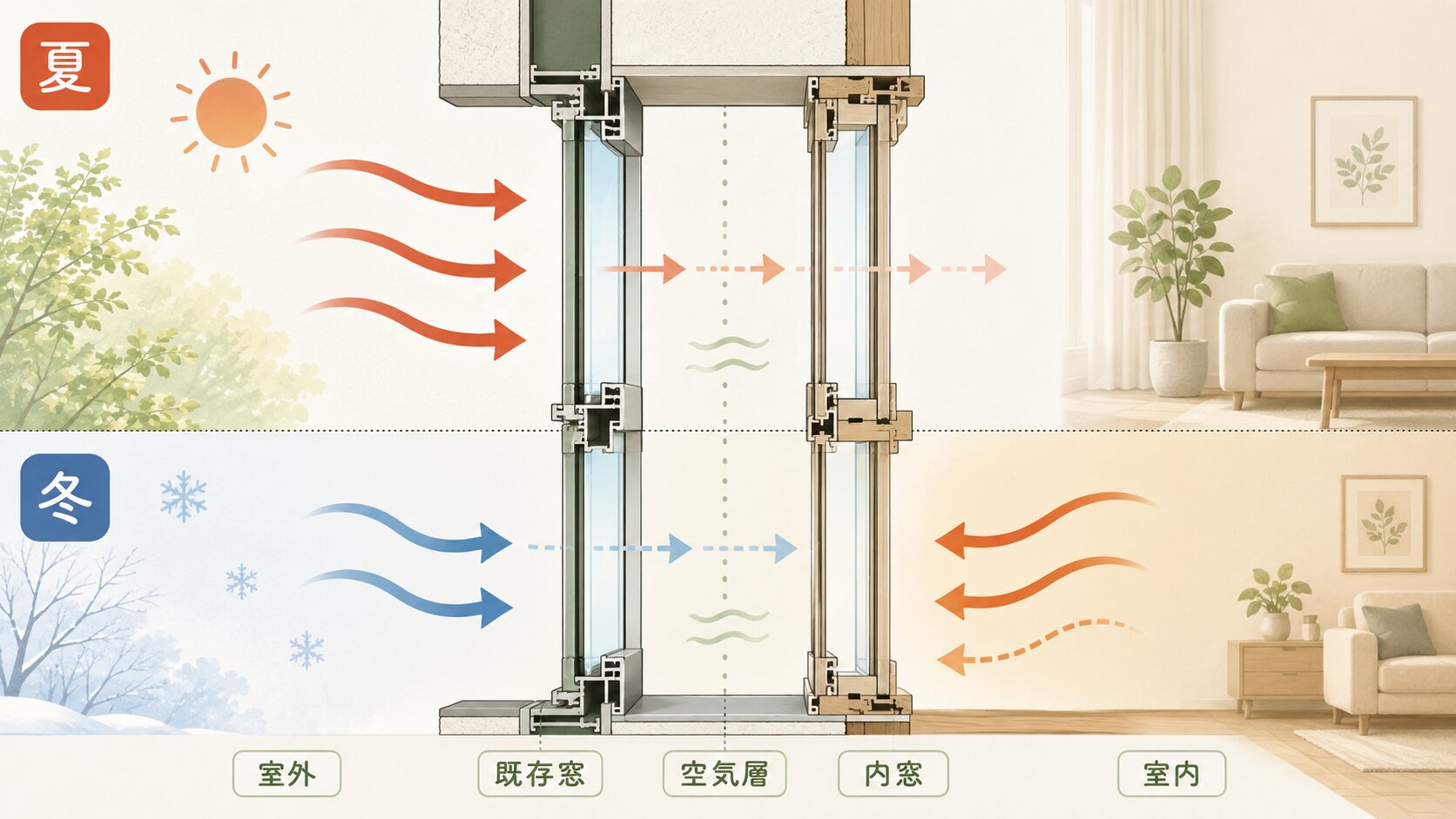 内窓の仕組みと断熱効果のイメージ図